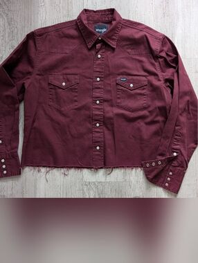 Wrangler Maroon Western Snap-Front Crop Shirt w/ Sunshine and Whiskey Print
